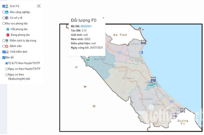 Các thông tin liên quan đến F0, bao gồm vị trí và ngày công bố nhiễm bệnh đều được cập nhật trên bản đồ Covid-19 thử nghiệm tại tỉnh Quảng Bình. 