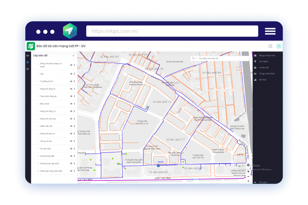 Ứng dụng bản đồ tài sản mạng lưới cấp nước trên eKMap (ảnh: eKMap)